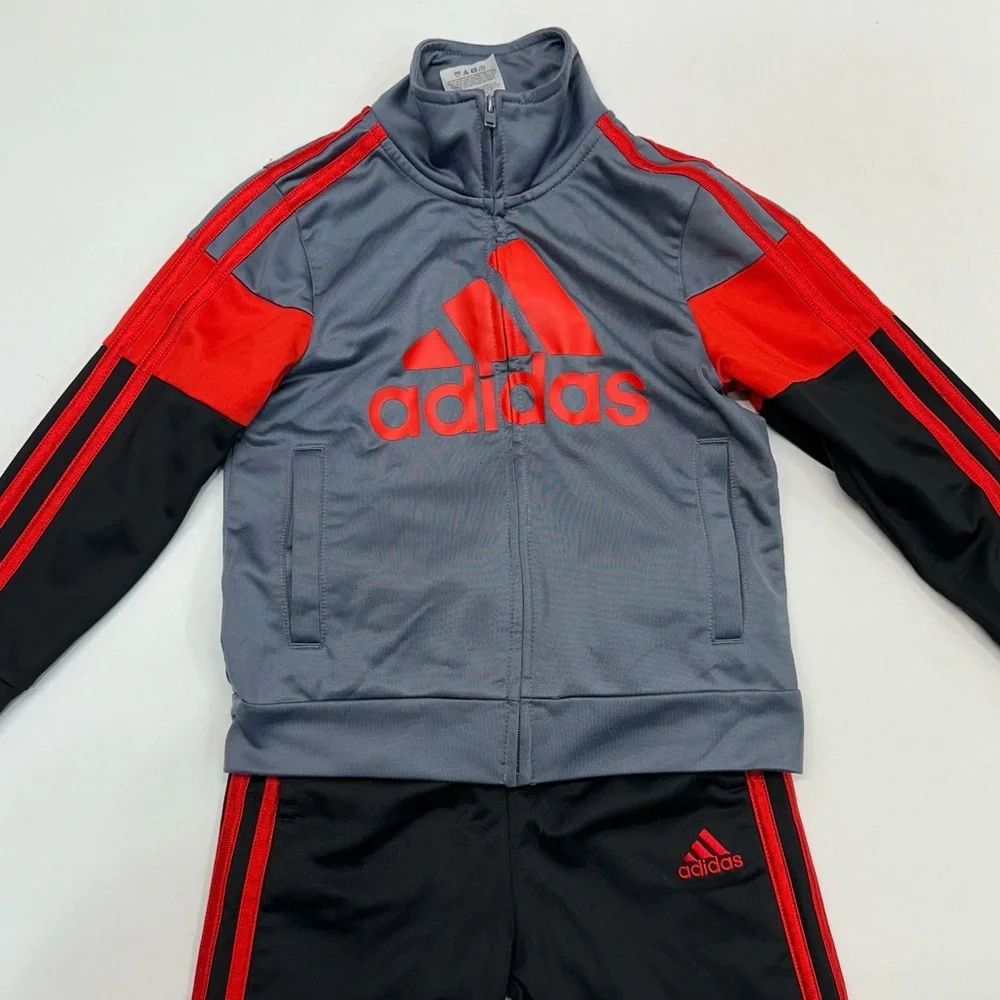 Adidas Two Piece Track Suit Pants Zip Up Jacket Black Gray Red Boys Size 3T